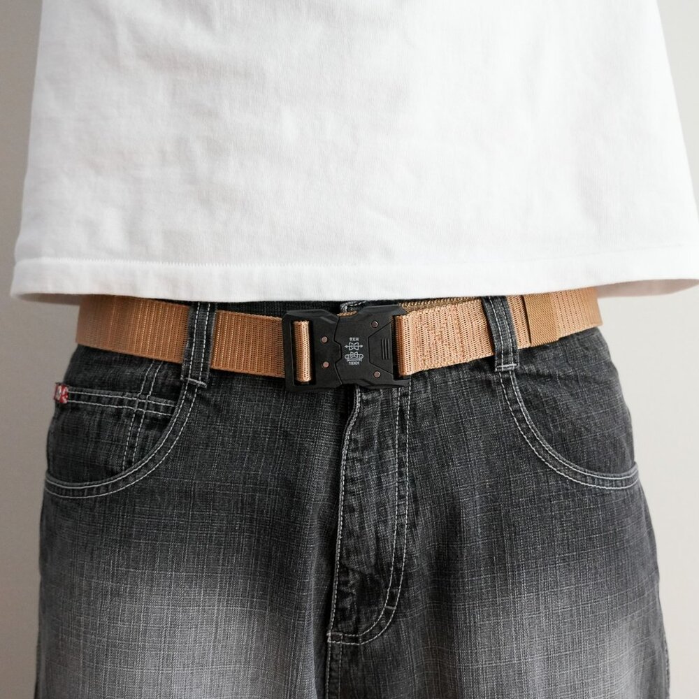y2k tactical buckle Tan canvas belt — techwear street style